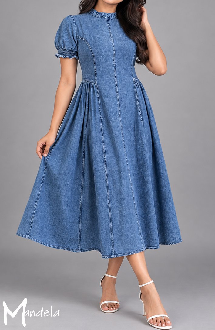 High-Neck Puff-Sleeve Denim Midi Dress 